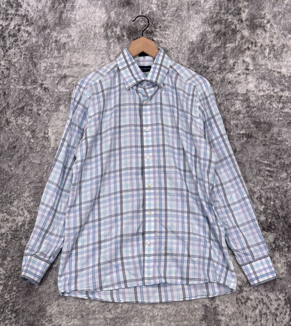 Peter Millar Shirt Medium Mens Blue Plaid Collection Flex Finish Long Sleeve